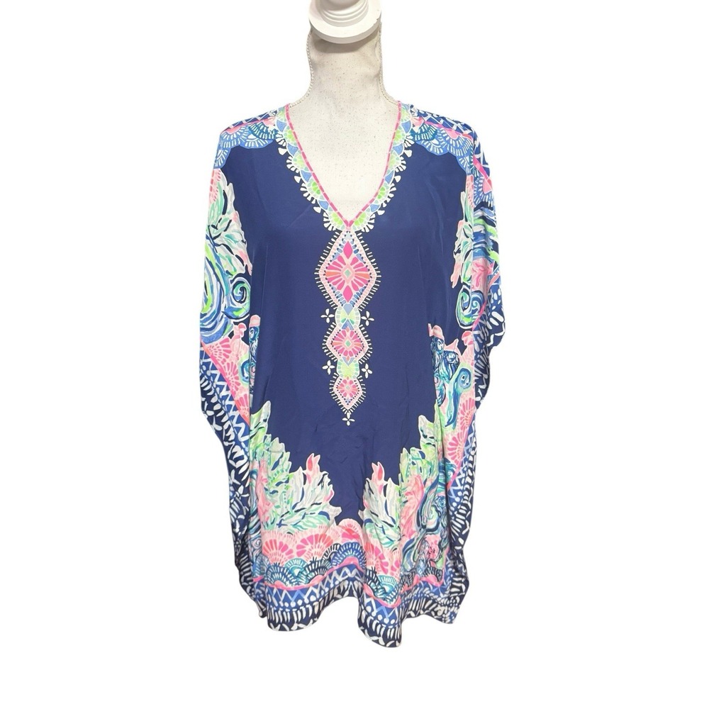 Lilly Pulitzer Atlin Silk Kaftan Women's S/M Blue print Cold Shoulder 100% Silk‎